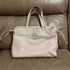 Tory Burch Stacked T Mixed Material Large Tote Bag Pink Beige Color